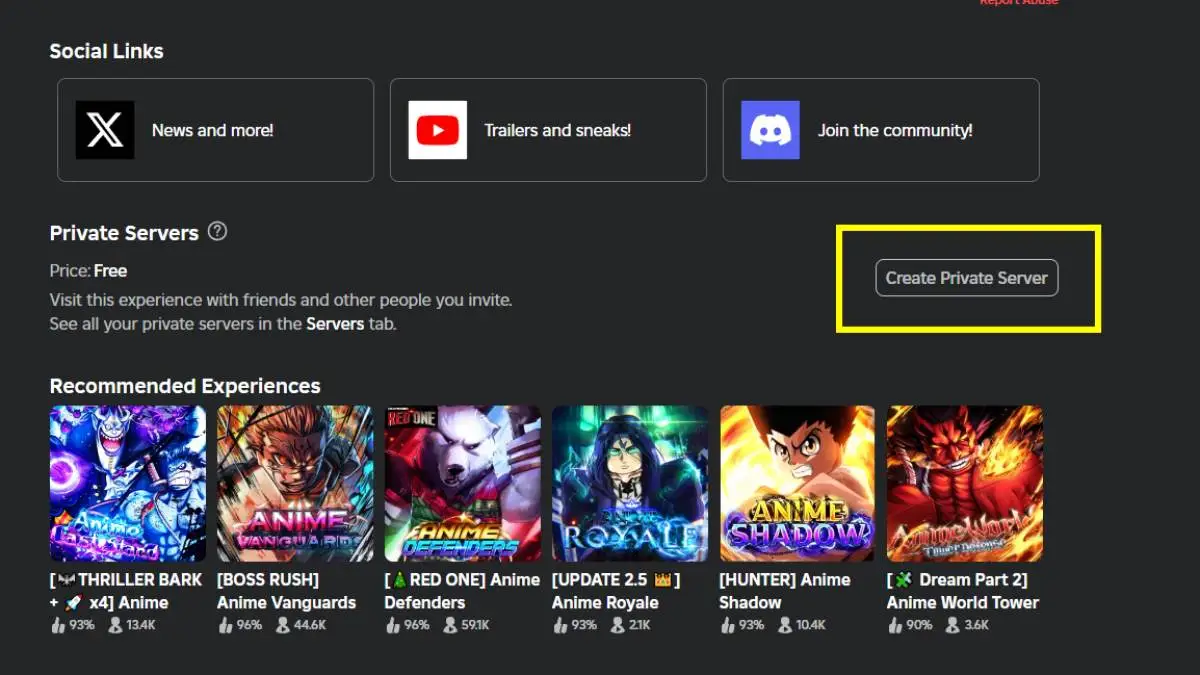 A yellow rectangle highlighting Anime Reborn Private server button