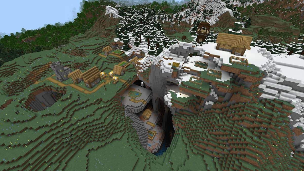 A Minecraft Plains Village partially in a cave with a Pillager Outpost