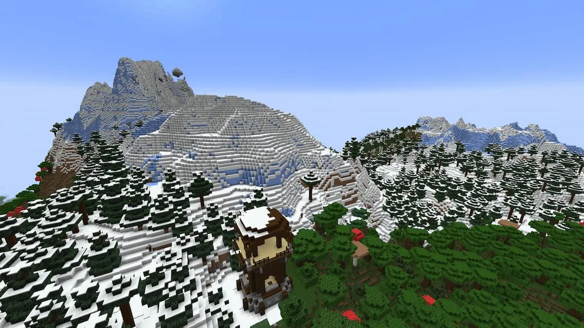 A Minecraft Mountain range with a Pillager Outpost and five Ancient Cities