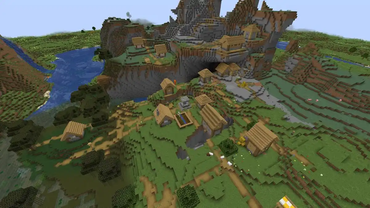 A Minecraft Plains Village on top of a cave near a Witch Hut