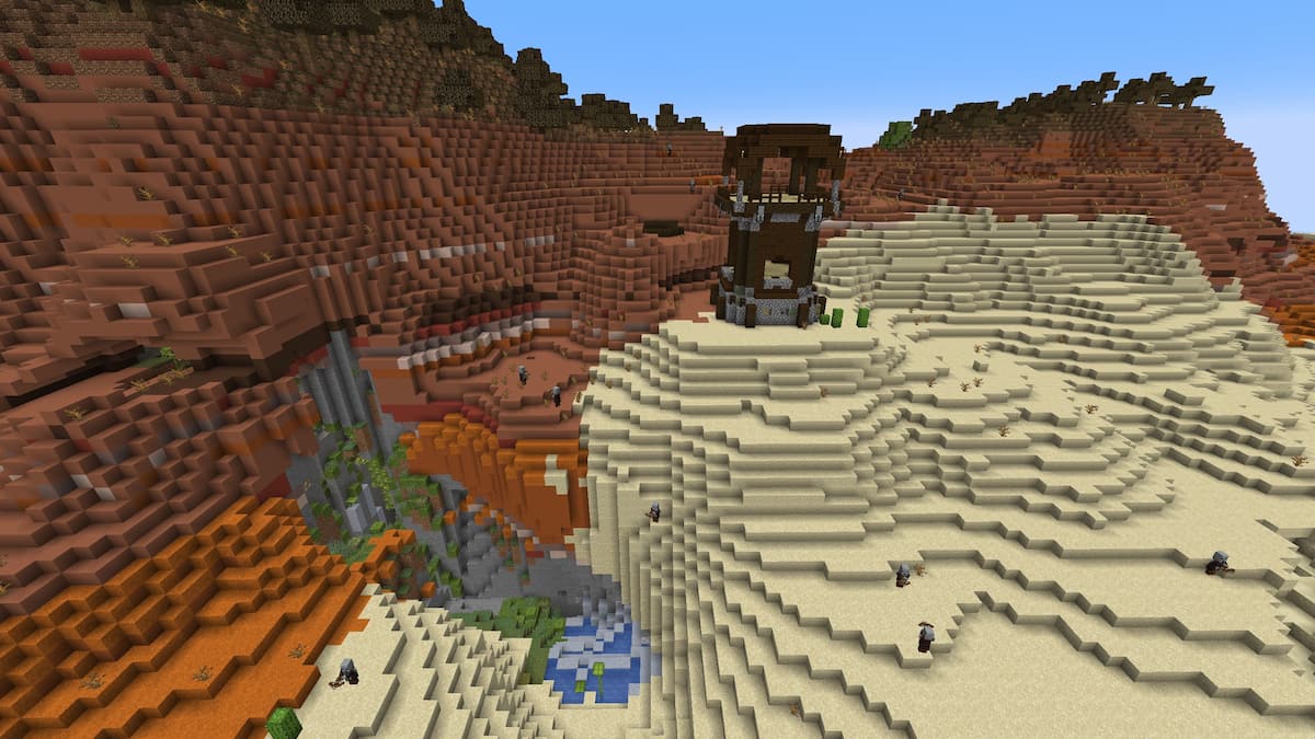 A Minecraft Lush Cave next to a Pillager Outpost in a Badlands biome