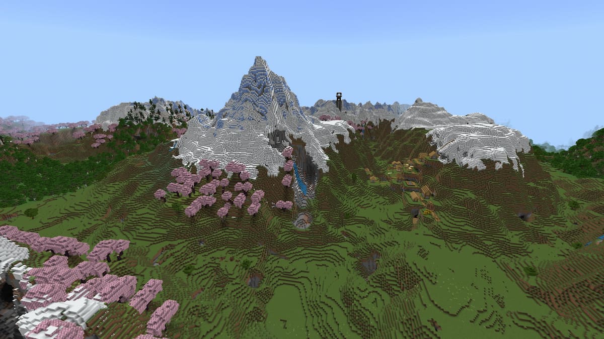 A Minecraft Plains Village between two large snowy mountains with a towering Pillager Outpost