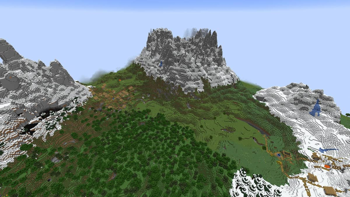 Two Minecraft Plains Villages on the left and right sides of a Stony Peaks mountain