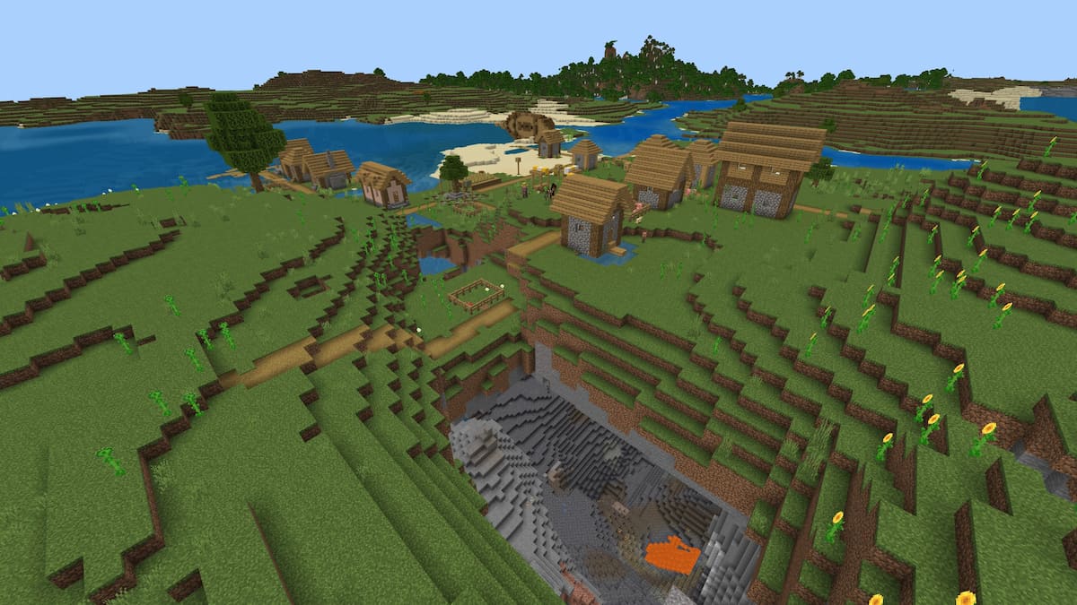 A Plains Village with a shipwreck and a deepslate cavern in Minecraft