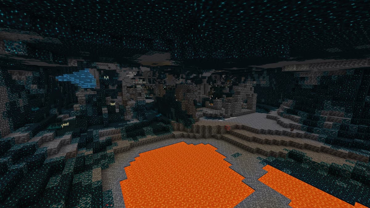 A Minecraft Ancient City with a lava lake