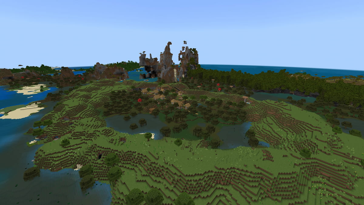 A ring of Plains biome around a swamp with a Plains Village and a Witch Hut in Minecraft