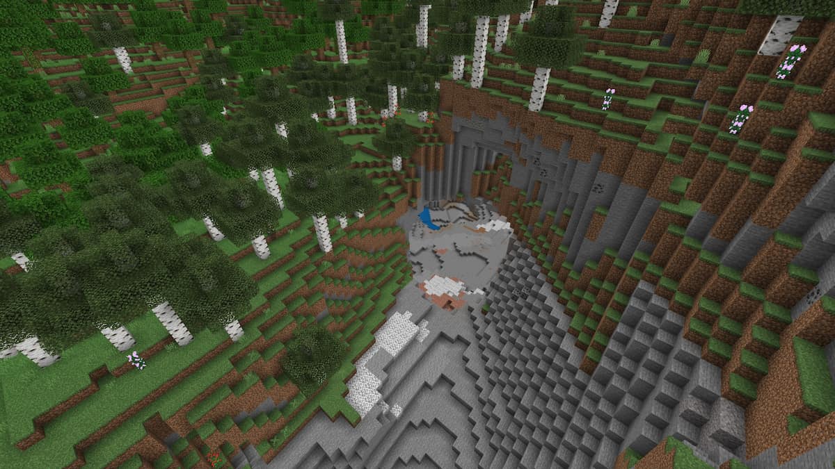 A large cave in a Minecraft birch forest biome