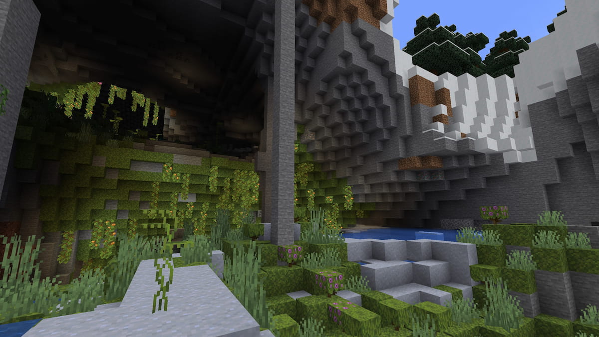 A Lush Cave inside of a mountain in Minecraft