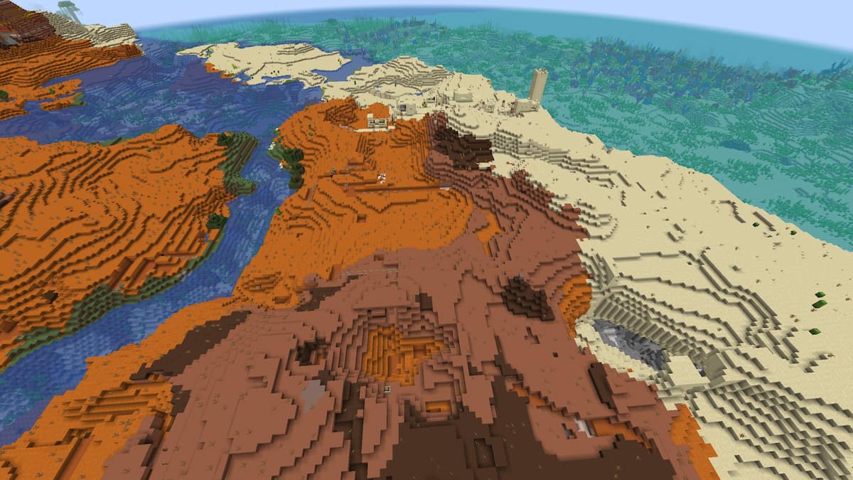 A Badlands biome with a Desert Village and mineshaft in Minecraft