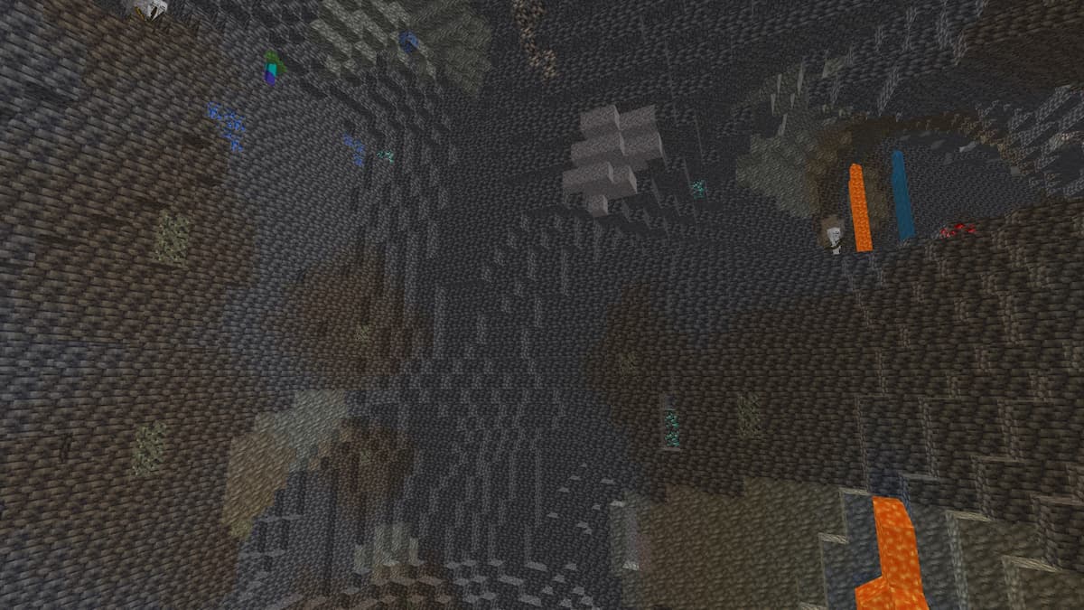 Diamond ores in the wall of a Minecraft cave