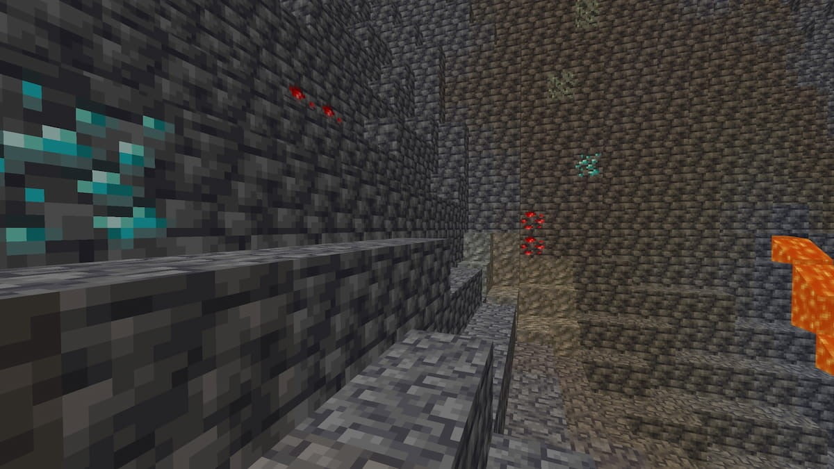 A set of diamond ores in a Minecraft cave