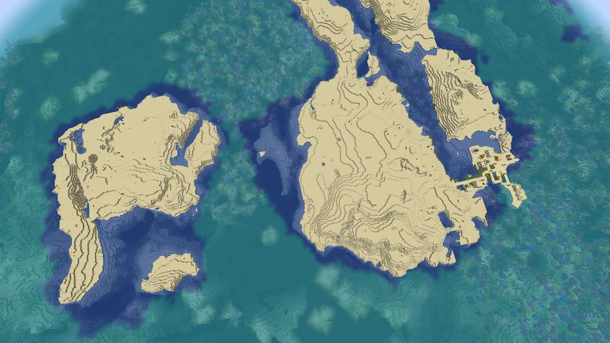 A series of sandy Minecraft islands in a Coral Reef