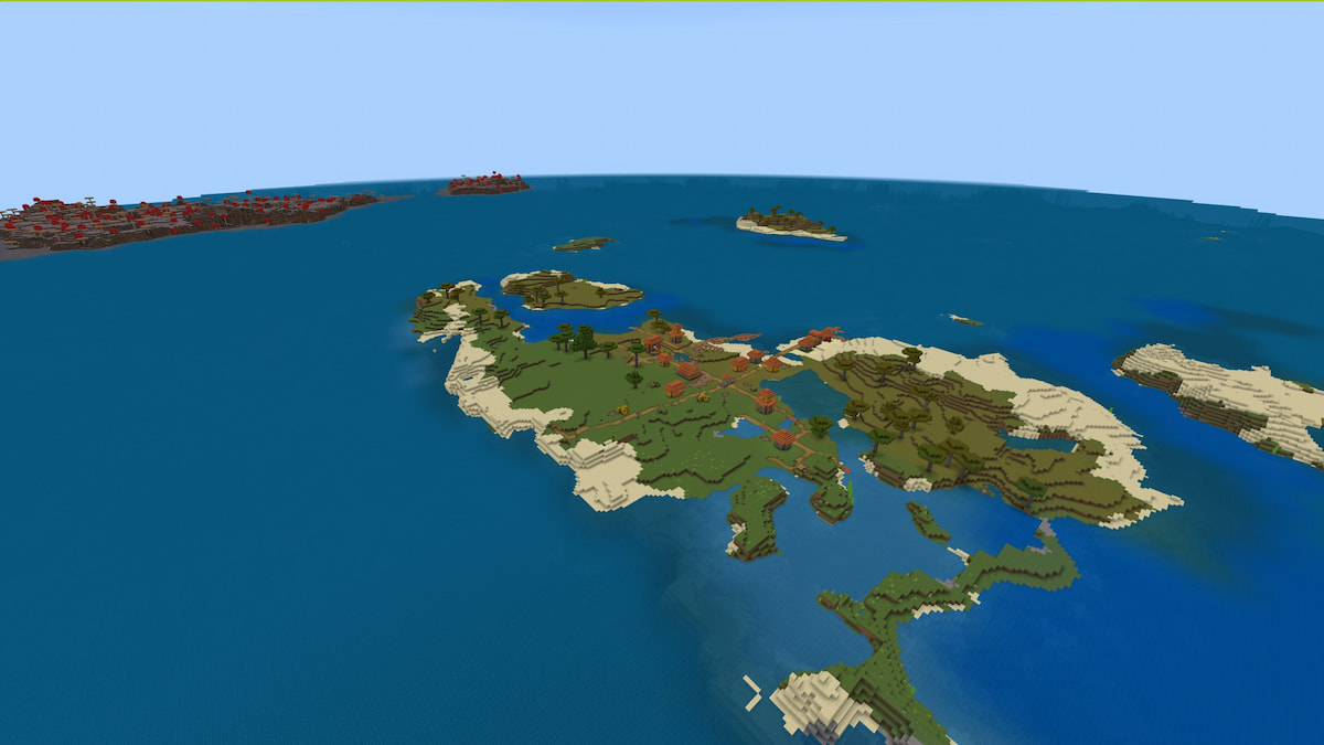 A Savanna Island with a Savanna Village and a Mushroom Island in the distance in Minecraft