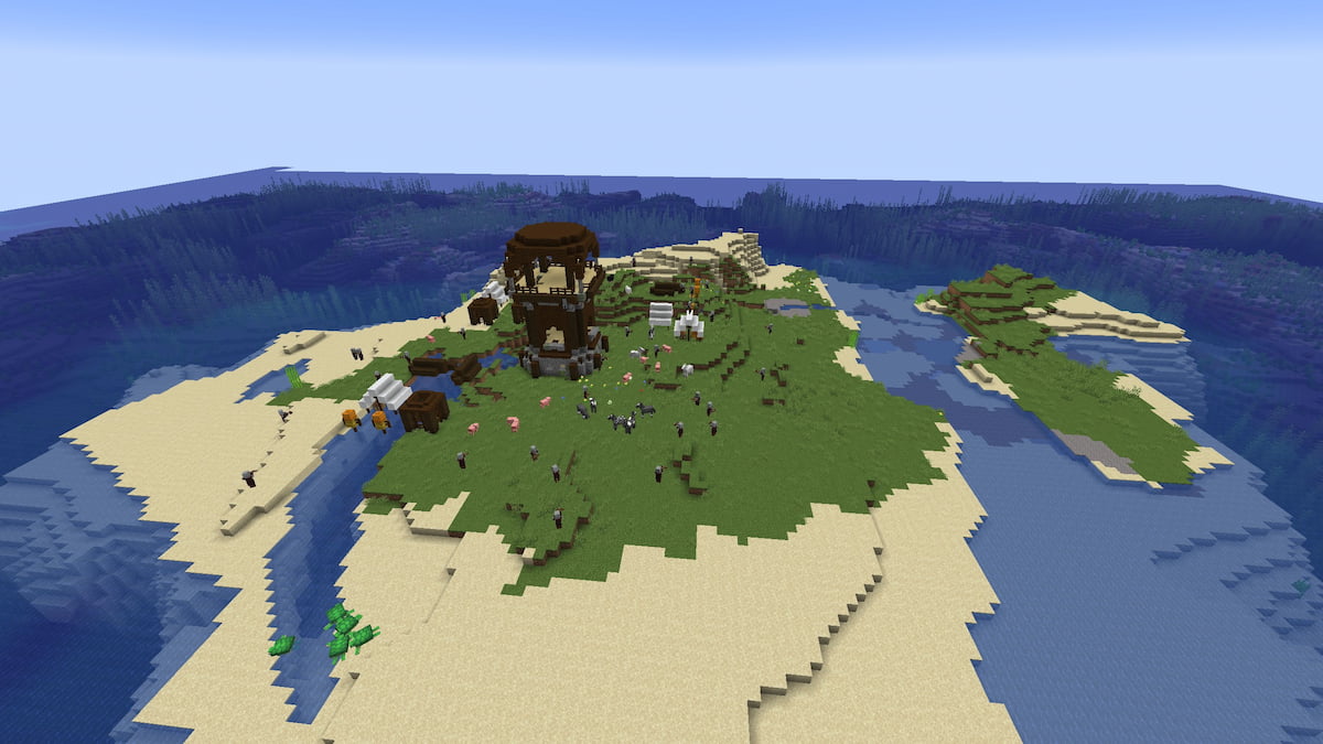 A Pillager Outpost surrounded by animals on a small Minecraft island