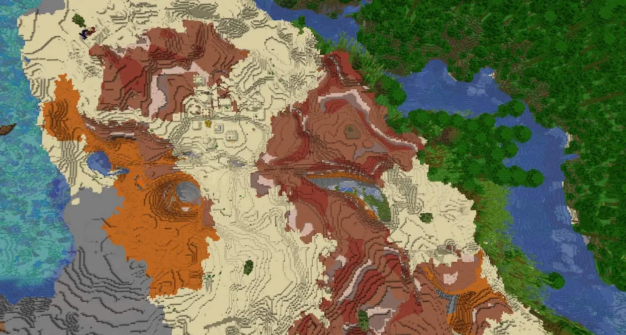 A Minecraft Badlands with a Lush Cave, a Coral Reef, and a Desert Village