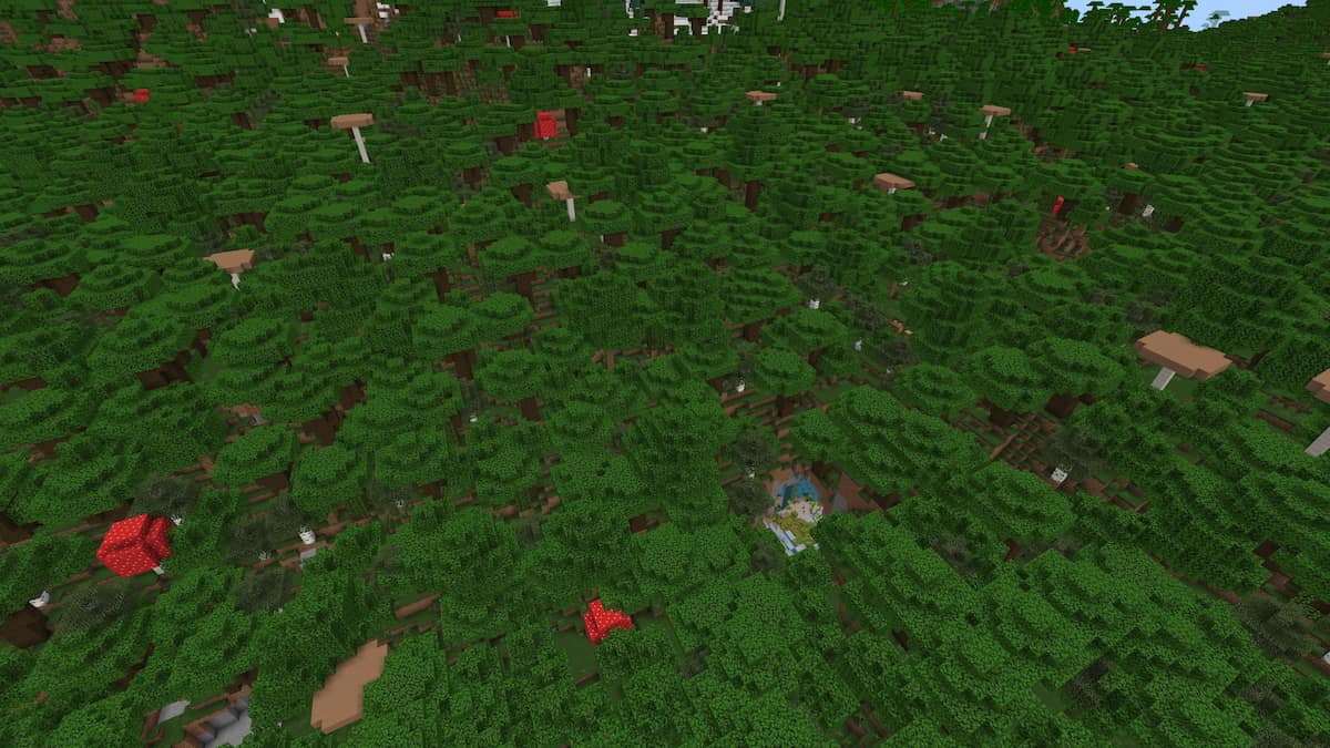 A Minecraft Lush Cave hidden in a Dark Forest biome