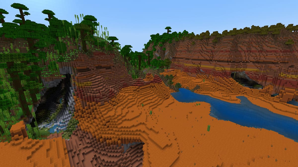 A Minecraft Badlands biome with two Lush Caves