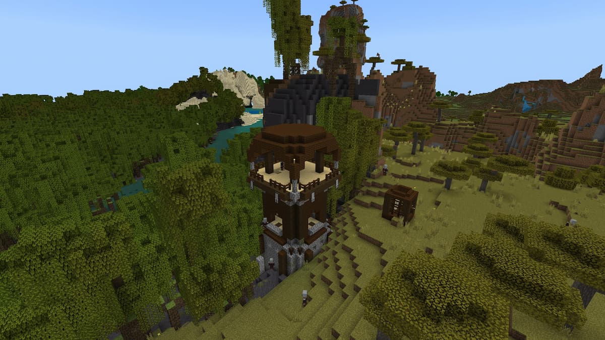 A Pillager Outpost in a Minecraft Mangrove Swamp