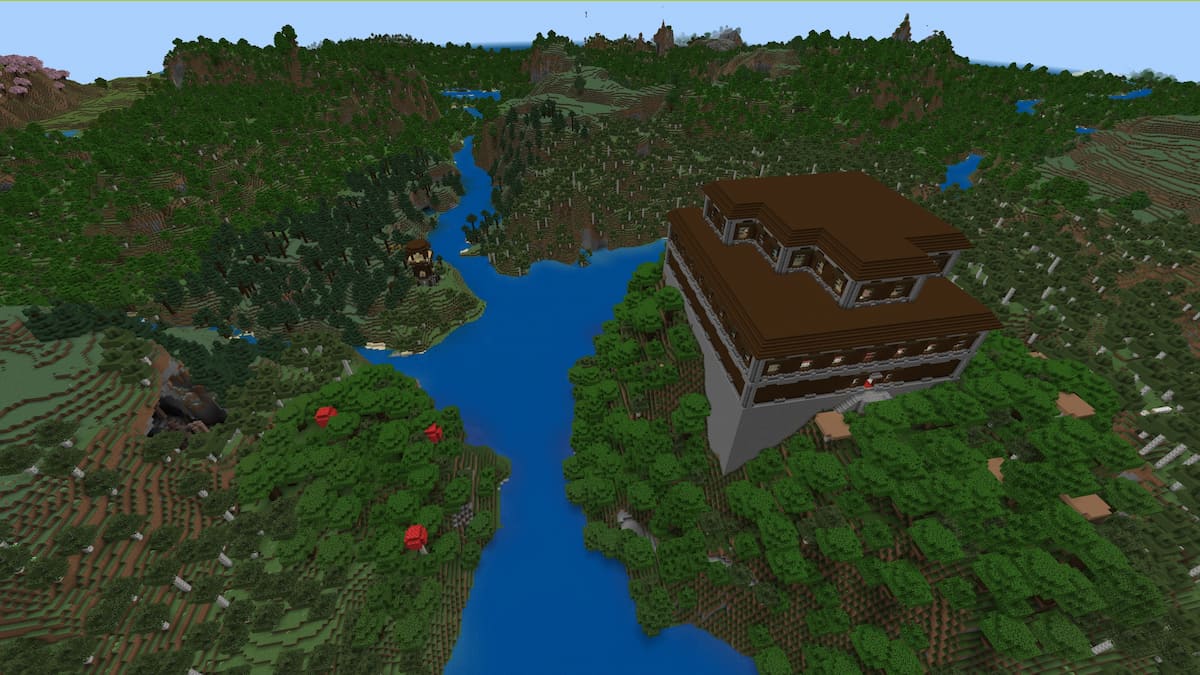 A Woodland Mansion on a hill near a Pillager Outpost in Minecraft