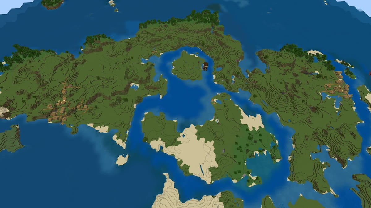 A large Minecraft island with two Plains Villages, a Pillager Outpost, and a ruined portal