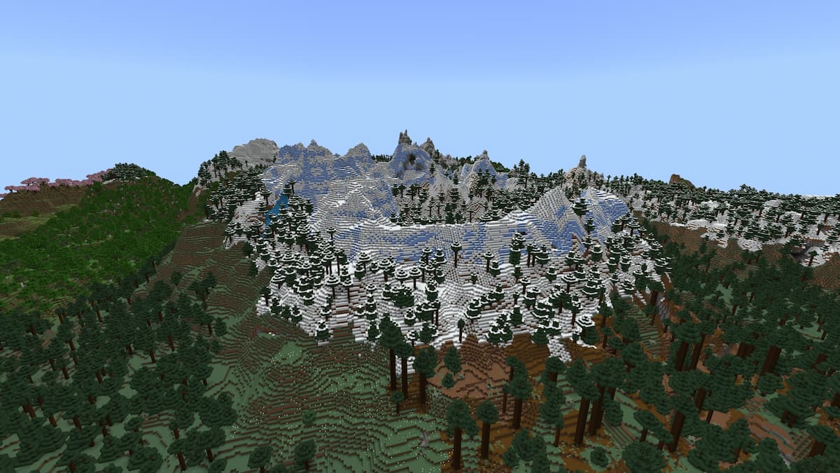 An icy mountain in the middle of a Taiga biome in Minecraft