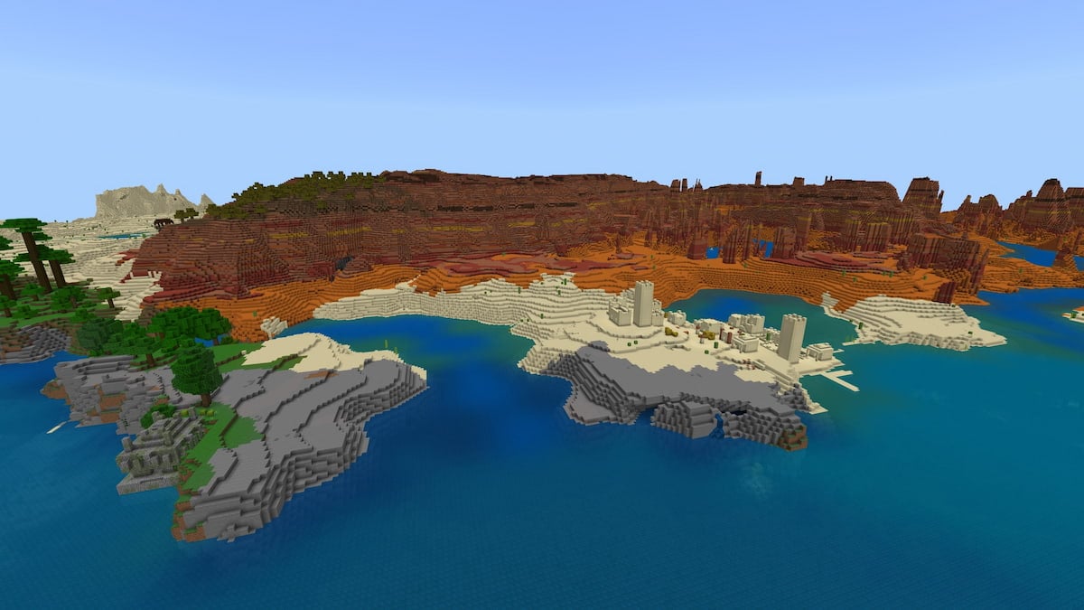 A Minecraft coastline with a Jungle Temple and a Desert Village