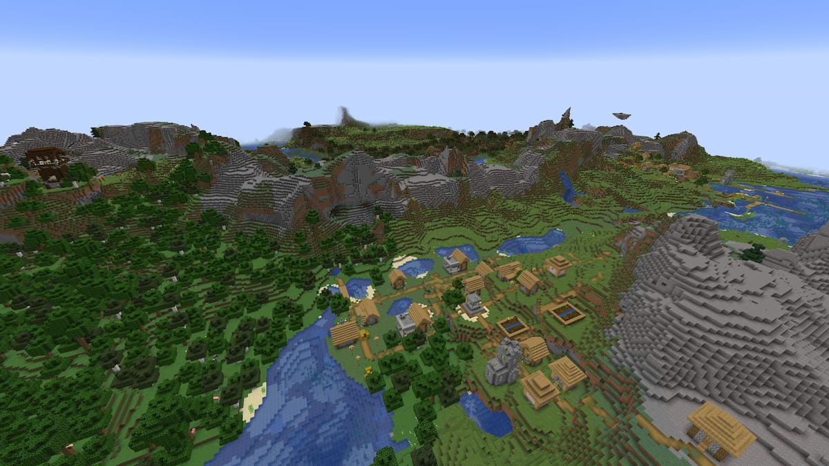 A Pillager Outpost on a hill to the left of two Plains Villages in Minecraft