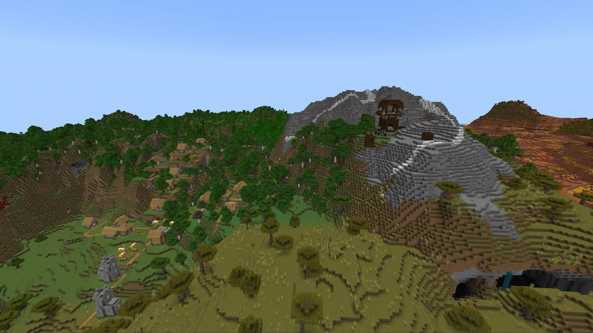 A Pillager Outpost on top of a small Stony Peaks mountain next to a Plains Village and a ruined portal in Minecraft