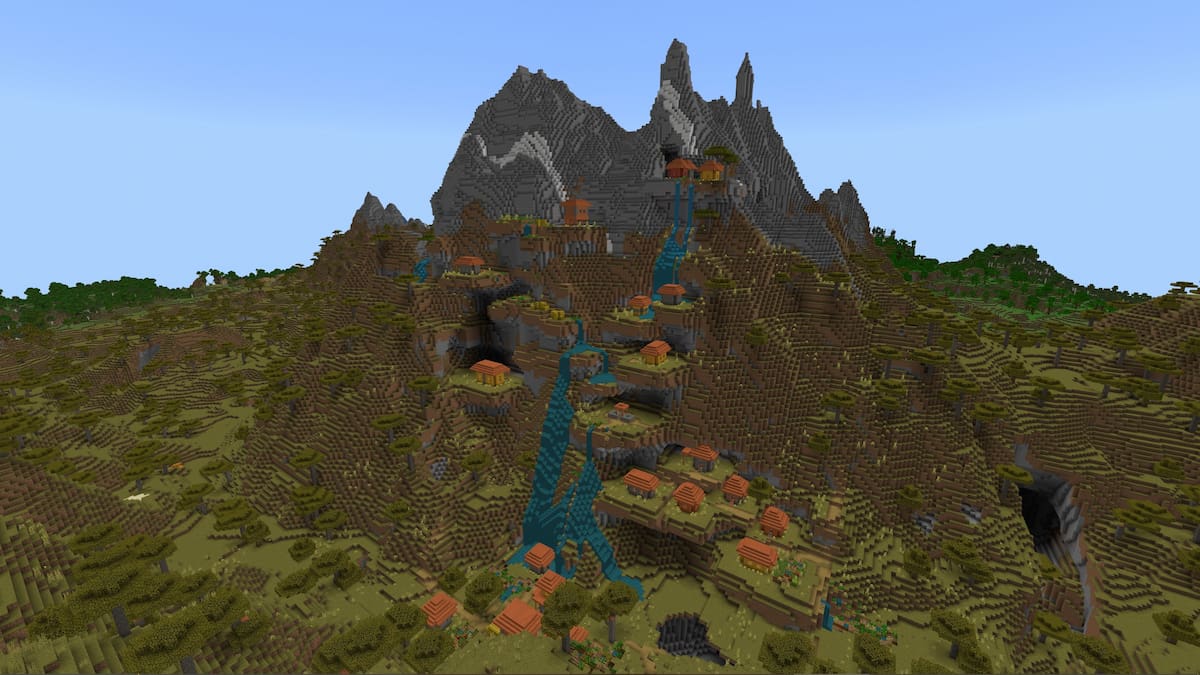 A Minecraft Savanna Village on top of a mountain