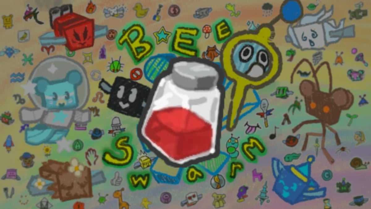 A red Extract in front of the Bee Swam Sim logo from Roblox.