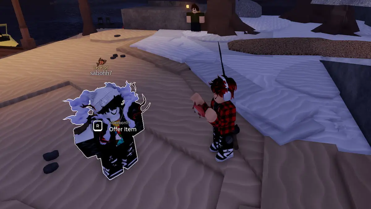 A player offering a fish in Roblox Fisch