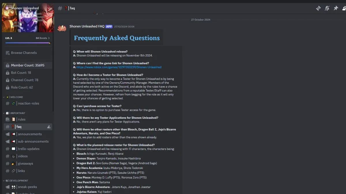 Roblox Shonen Unleashed Discord FAQ page