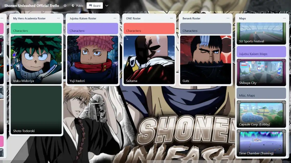 Official Roblox Shonen Unleashed Trello board