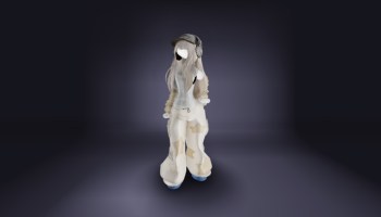 A Roblox avatar with a white top and baggy jeans, hat, and headphones