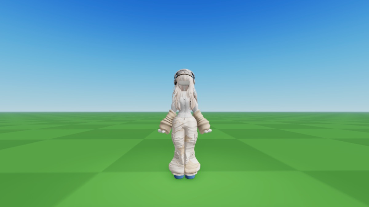 A Roblox avatar with platinum hair wearing beige arm warmers and pants with a white crop tee and headphones.