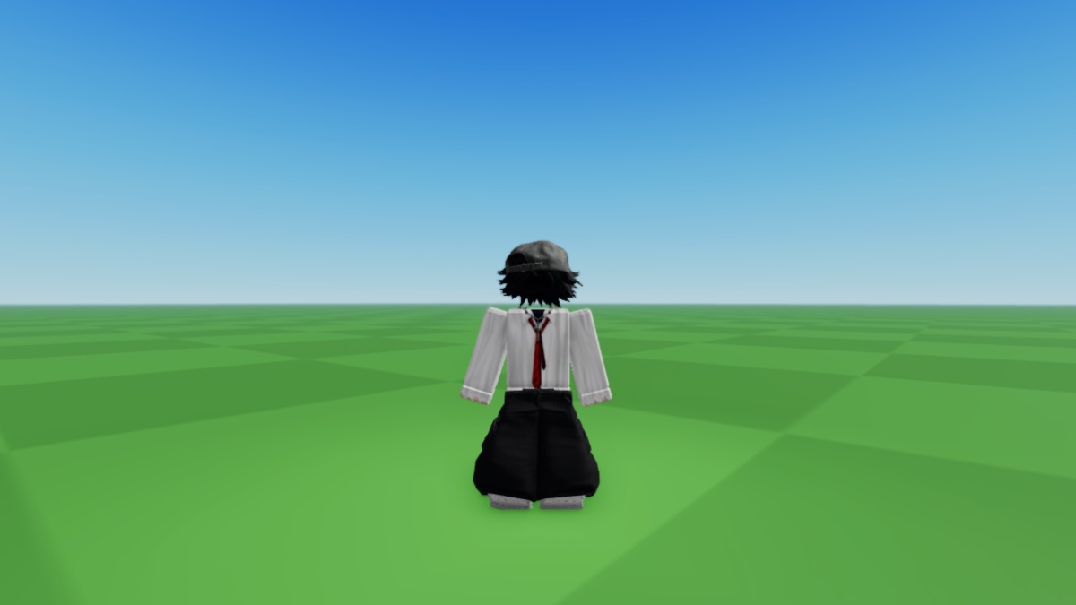 A Roblox avatar with black hair wearing grey cap backward, a white tee with loose red tie, baggy cargo pants, and 'Chrome Hearts' Cross necklace.