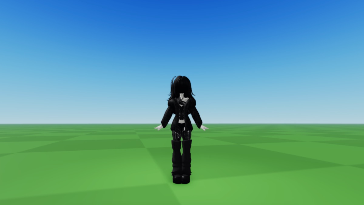 A Roblox avatar with black hair wearing a Goth-like black outfit with black leg warmers, black fur coat, and black necklace.