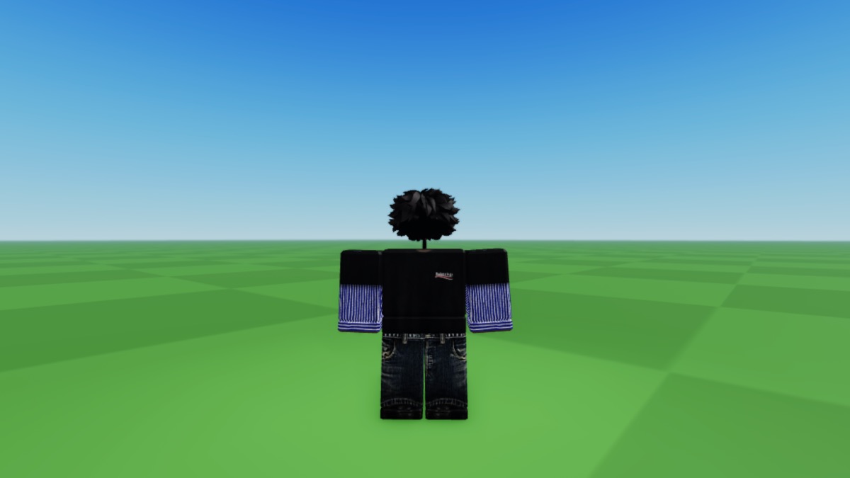 A Roblox Avatar with black hair wearing Balenciaga Political Campaign Tee and Yohji jeans.