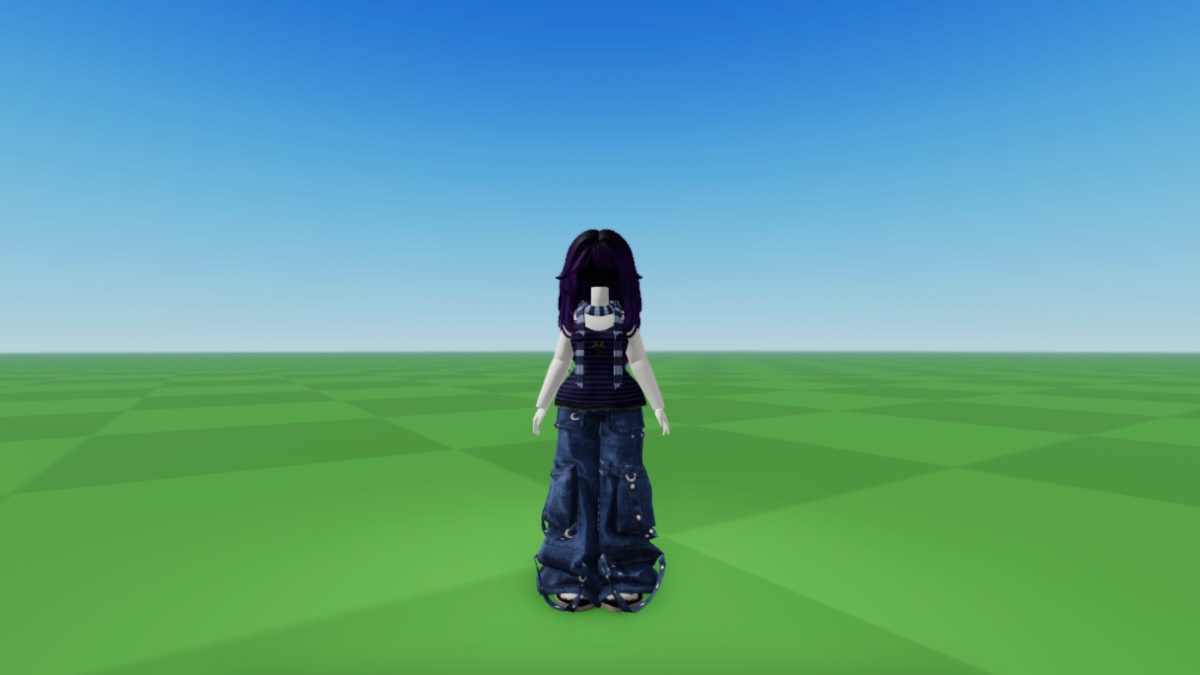 A Roblox avatar with dark purple hair wearing a blue and black scarf with a striped graphic t-shirt and blue baggy jeans.