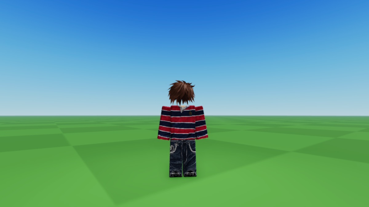 A Roblox avatar with brown hair wearing red, blue, and white striped tee and dark blue jeans.