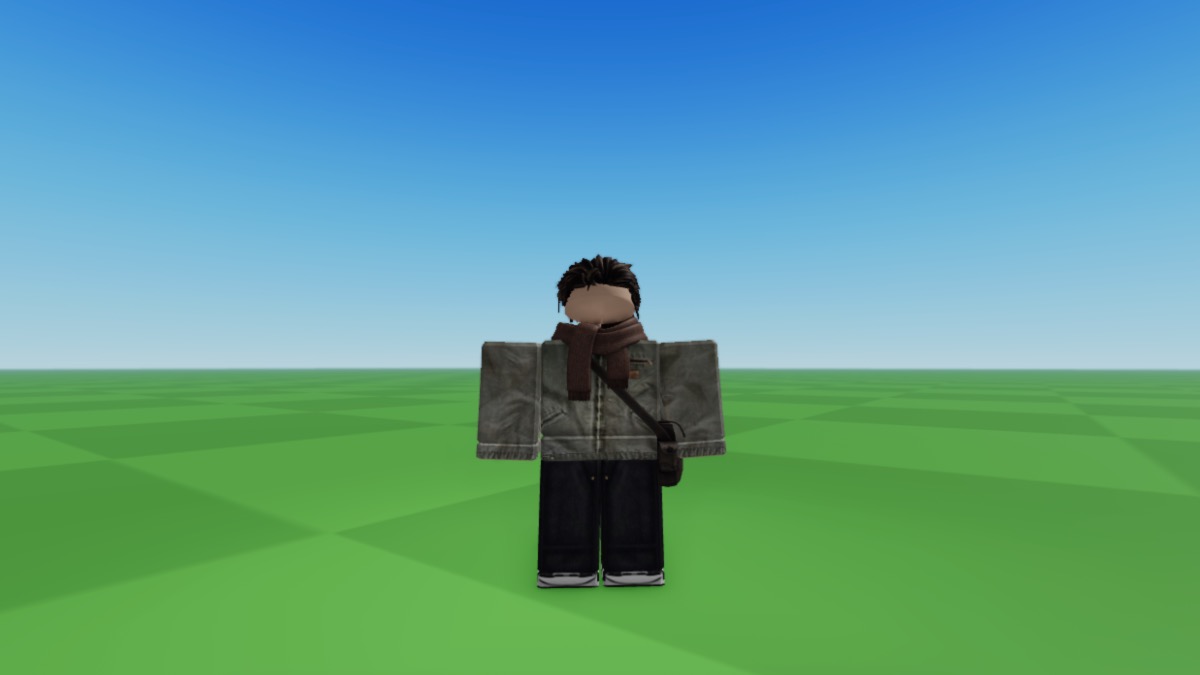 Un avatar de Roblox con cabello oscuro que lleva una chaqueta Carhartt, una bufanda marrón, jeans negros hasta la rodilla y un bolso marrón.