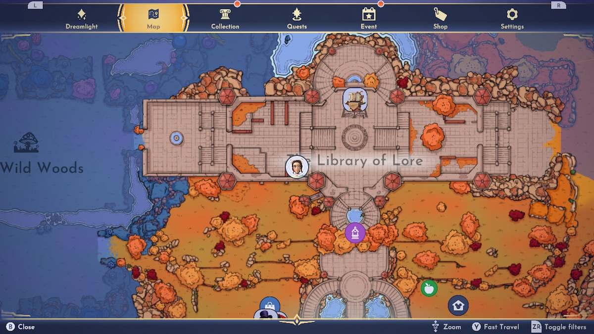 The map in Disney Dreamlight Valley: The Storybook Vale showing The Library of Lore. 