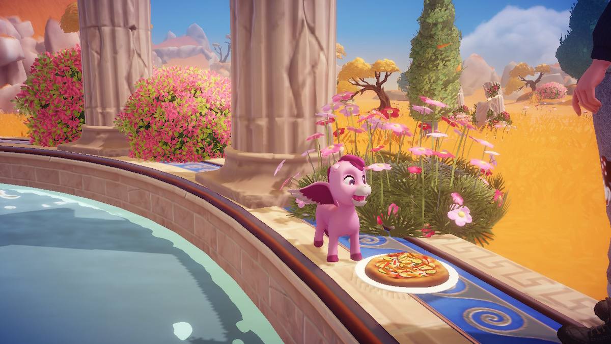 Feeding the pink pegasus in Disney Dreamlight Valley: The Storybook Vale.