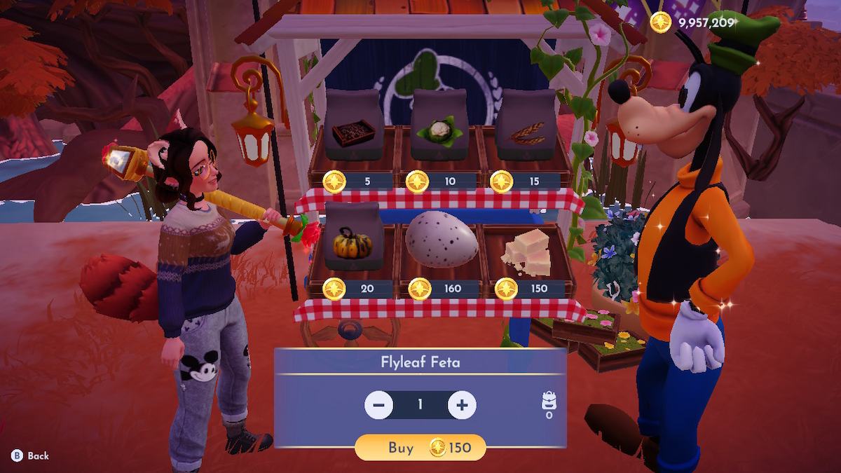 Buying Flyleaf Feta from Goofy's Stall in Disney Dreamlight Valley: The Storybook Vale.