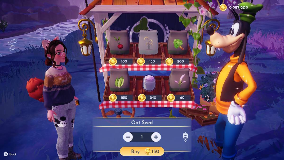 Buying Oat seeds from Goofy's Stall in Disney Dreamlight Valley: The Storybook Vale.