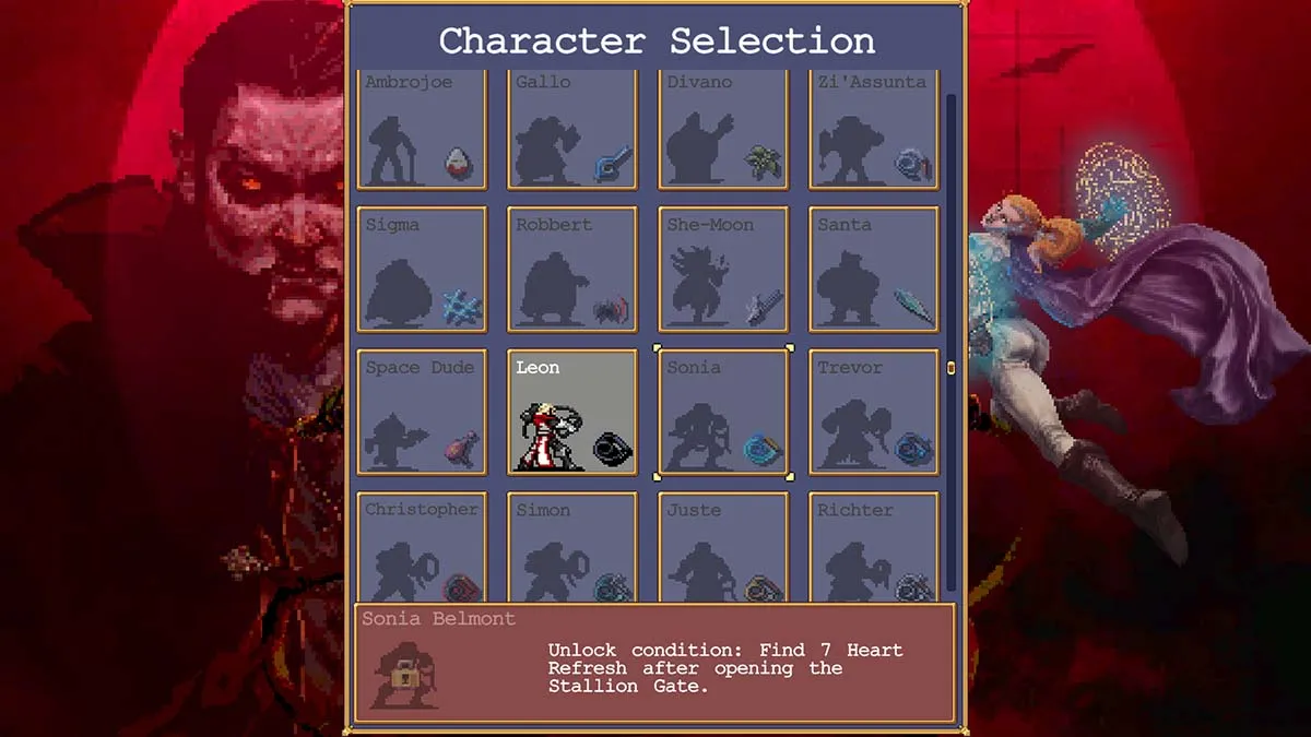 Vampire Survivors character selection screen