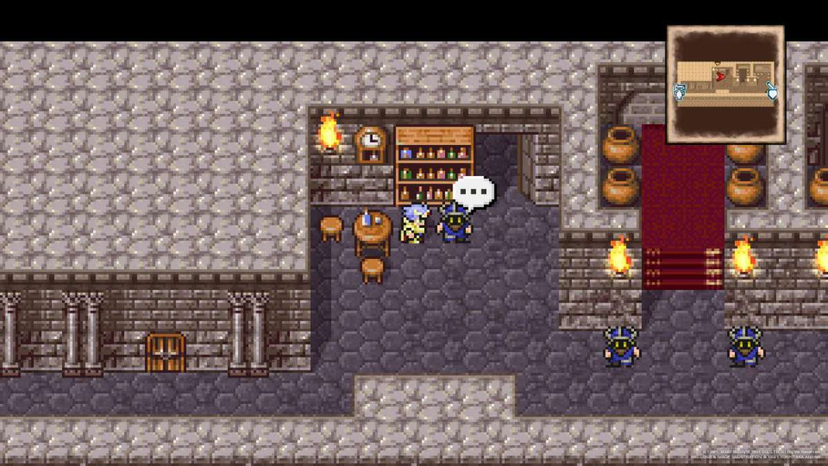 Cecil Harvey speaks with a dwarf with the secret entrance to the Dwarven Base open in Final Fantasy IV.