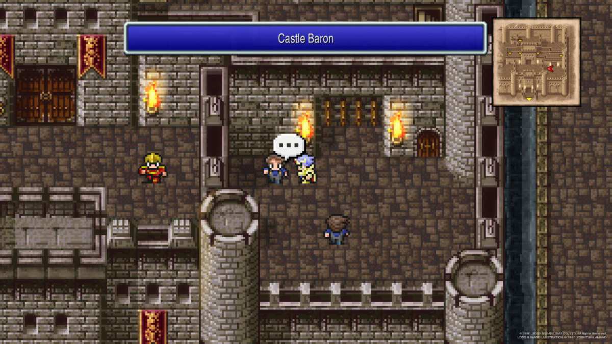 Cecil Harvey speaks with an engineer in Castle Baron in Final Fantasy IV.