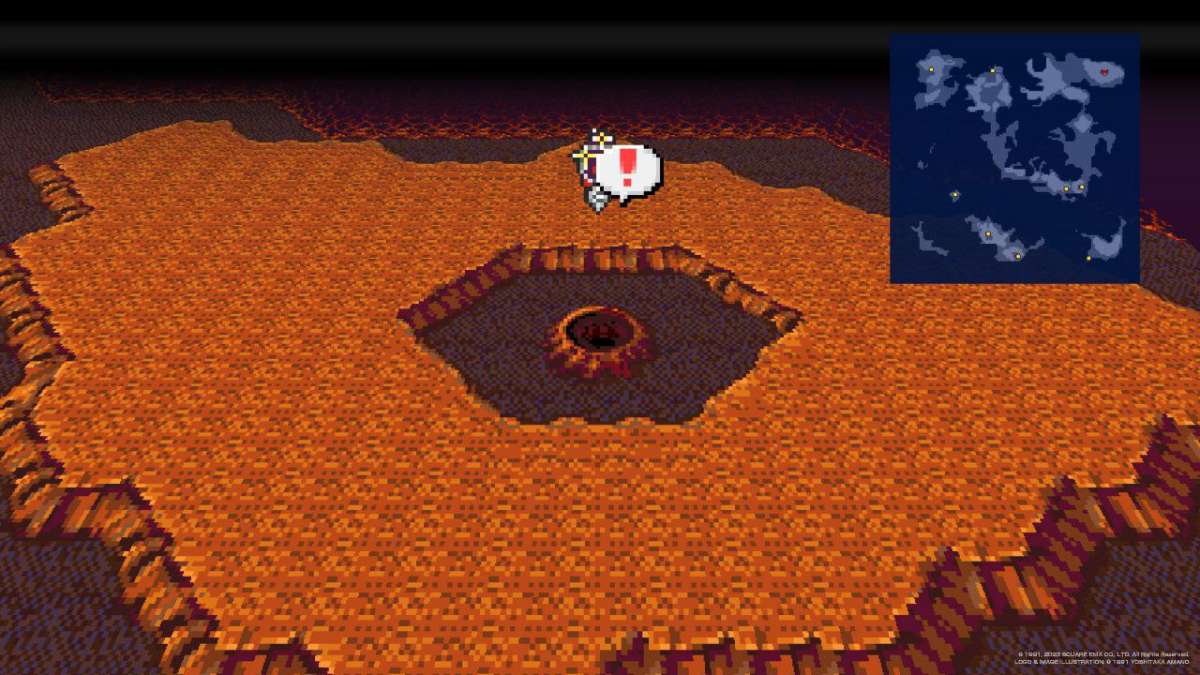 The Falcon flies over a crater in the Underworld in Final Fantasy IV.