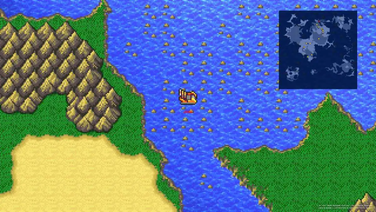 Edward's Hovercraft flies over rocky water in Final Fantasy IV.